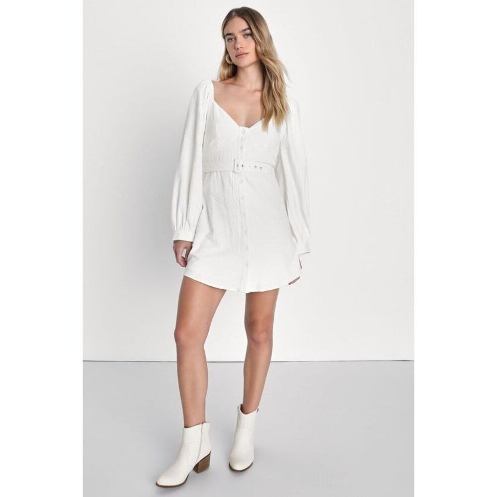 Lulus Ivory Balloon Sleeve Belted Mini Dress White - Size M. Worn Once.